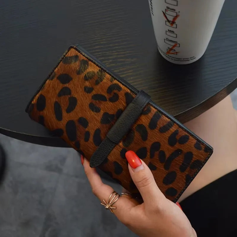 Portefeuille Femme Cuir Véritable Léopard Noir - Clutch Luxe Designer Long 2026