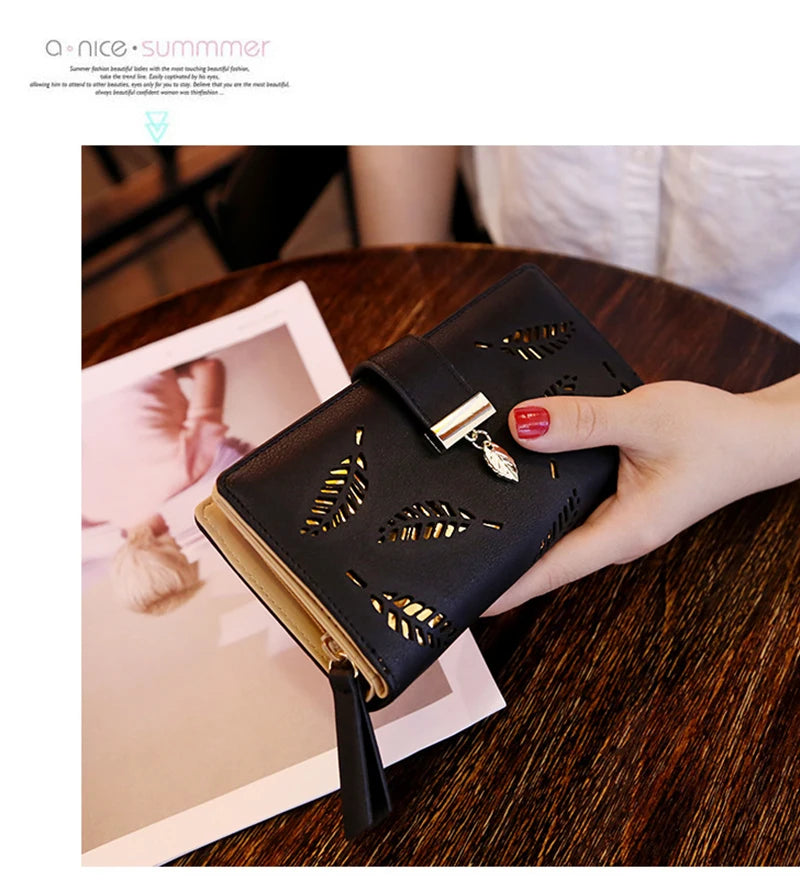 Portefeuille Long Femme Cuir PU Feuilles Dorées - Clutch Porte-Cartes Monnaie Élégant