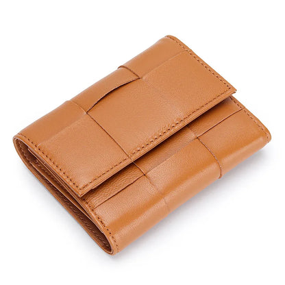 Portefeuille Femme Court Cuir Véritable Peau Mouton Tressé - Porte-Monnaie Trifold Zippé Grande Capacité Noir