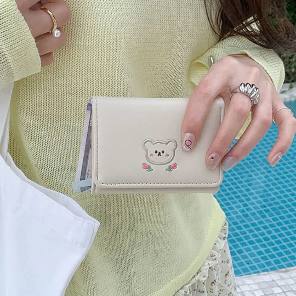 Portefeuille Femme Kawaii Cute Trifold PU - Porte-Carte Multi-Emplacements Porte-Monnaie Étudiant Noir