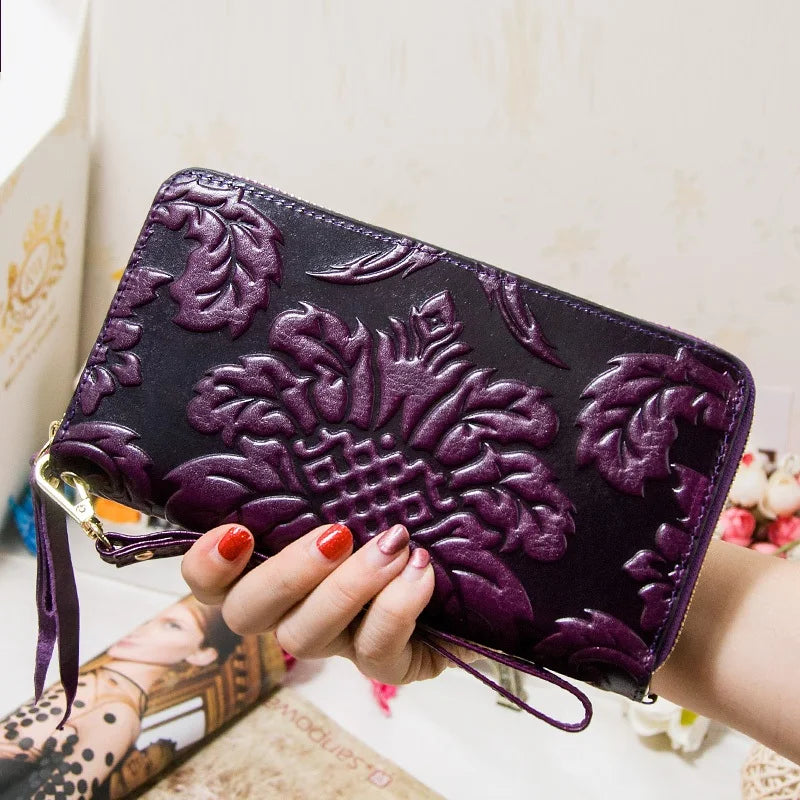 Portefeuille Femme Cuir Véritable Vintage Floral - Grande Capacité Clutch Pochette en Cuir de Vache
