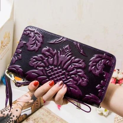 Portefeuille Femme Cuir Véritable Vintage Floral - Grande Capacité Clutch Pochette en Cuir de Vache