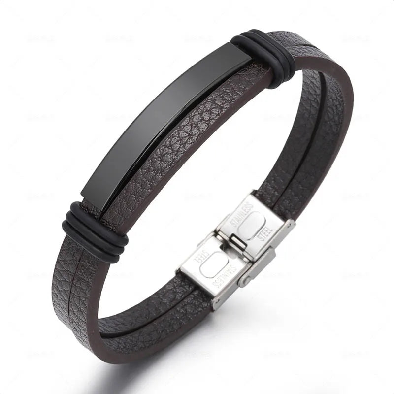 Bracelet Enroulé en Cuir pour Homme avec Charm en Acier Inoxydable