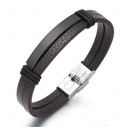 Bracelet Enroulé en Cuir pour Homme avec Charm en Acier Inoxydable