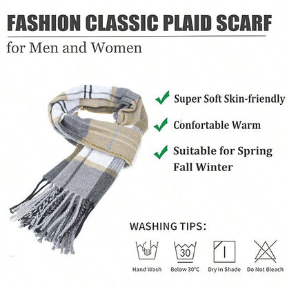 Foulard Écharpe Homme Carreaux Hiver - Châle Doux Cachemire Franges Classique