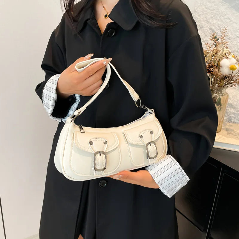 Sac Épaule Femme Cuir PU Y2K Vintage - Petit Sac Aisselle Double Poche Design Fashion Clutch Purse