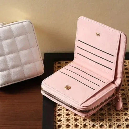 Portefeuille Femme Court Cuir PU Plaid - Porte-Carte Zippé avec Porte-Monnaie Rose