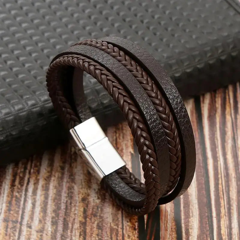 Bracelet en Cuir Tissé Main Multi-Couches pour Homme - Combinaison Classique Punk