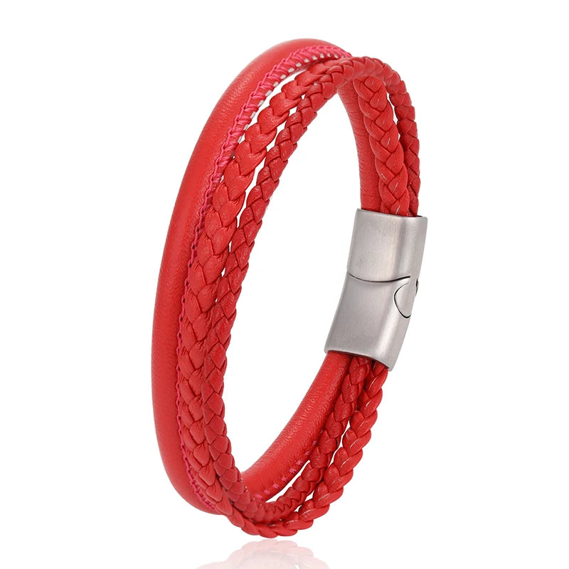 Bracelet Perles Cuir Rouge Tressé – Boucle Acier Inoxydable Unisexe