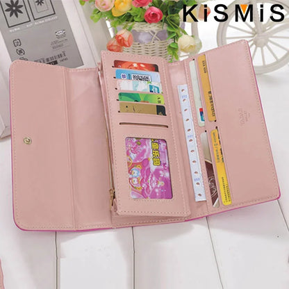 Portefeuille Femme Long Cuir PU Carreaux Rose - Porte-Carte Téléphone Hasp Poche Monnaie Élégant
