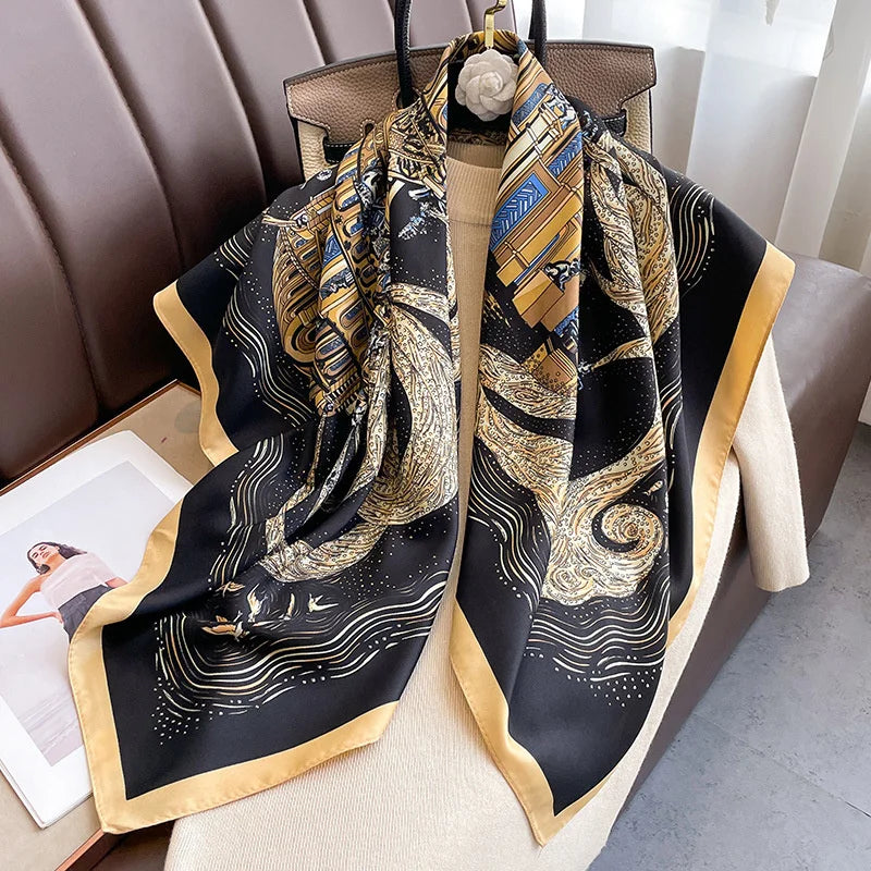 Foulard Carré Soie Twill Design Femme - Écharpe Hijab Bandana Châle Luxe Headband
