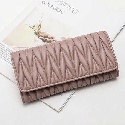Portefeuille Femme Long Plissé Cuir Véritable - Pochette Zip Fermoir Multifonction