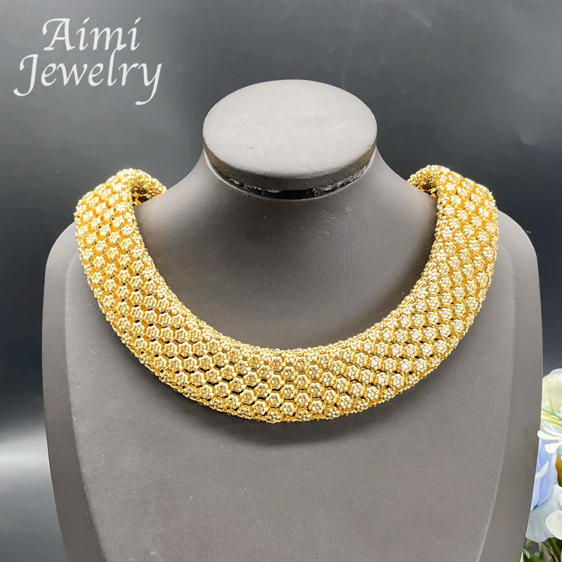 Parure Africaine Dubai Plaqué Or 18k - Collier Chaînes Larges, Boucles et Bracelet