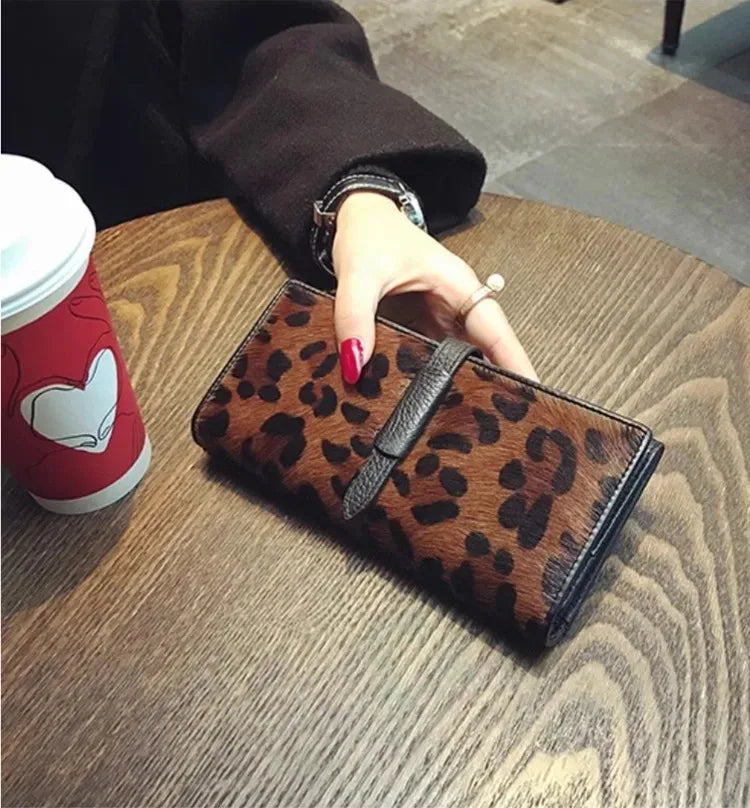 Portefeuille Femme Cuir Véritable Léopard Noir - Clutch Luxe Designer Long 2026