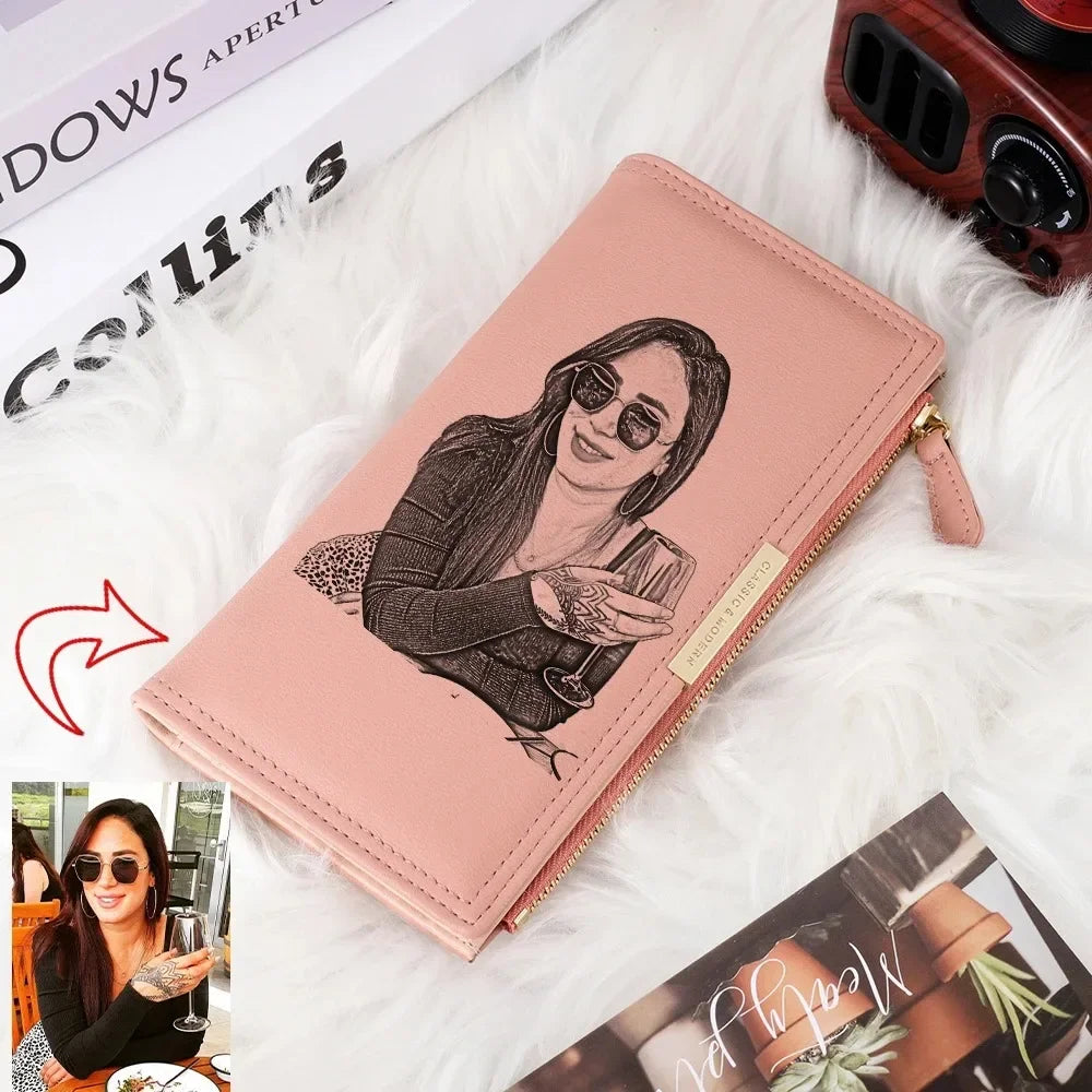 Portefeuille Femme Personnalisé Photo Cuir PU - Long Bifold avec Zip et Boucle