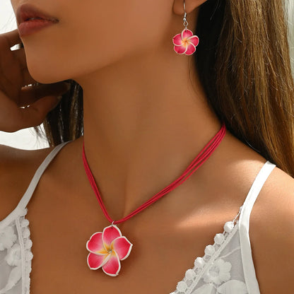 Ensemble Bijoux Fleurs Tressées Bohème Grande Fleur – Collier Boucles Rose Rouge Bleu Plage Femme