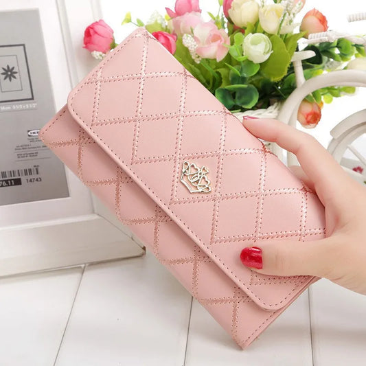 Women's Long Pink Checkered Wallet - Cute Hasp Phone Coin Purse