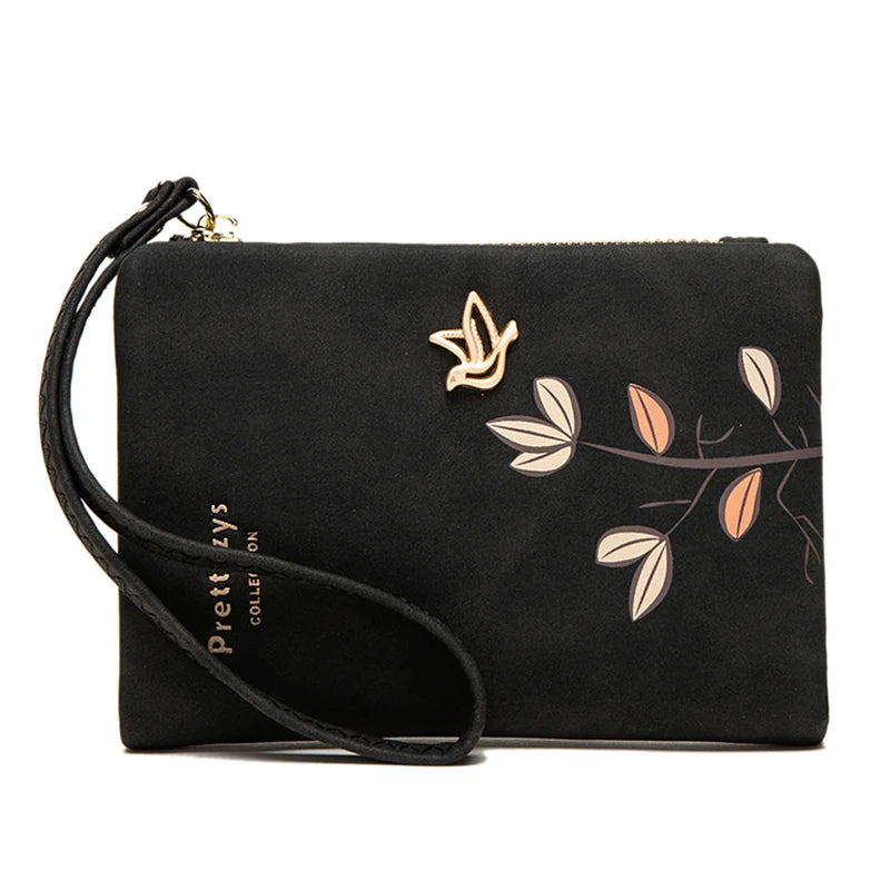 Portefeuille Court Femme Cuir Souple Motif Fleur - Petit Porte-Monnaie avec Bracelet