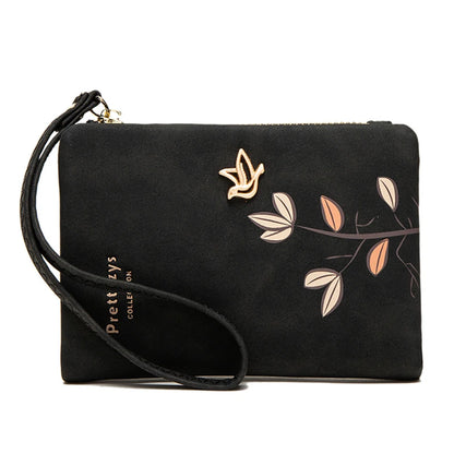 Portefeuille Court Femme Cuir Souple Motif Fleur - Petit Porte-Monnaie avec Bracelet