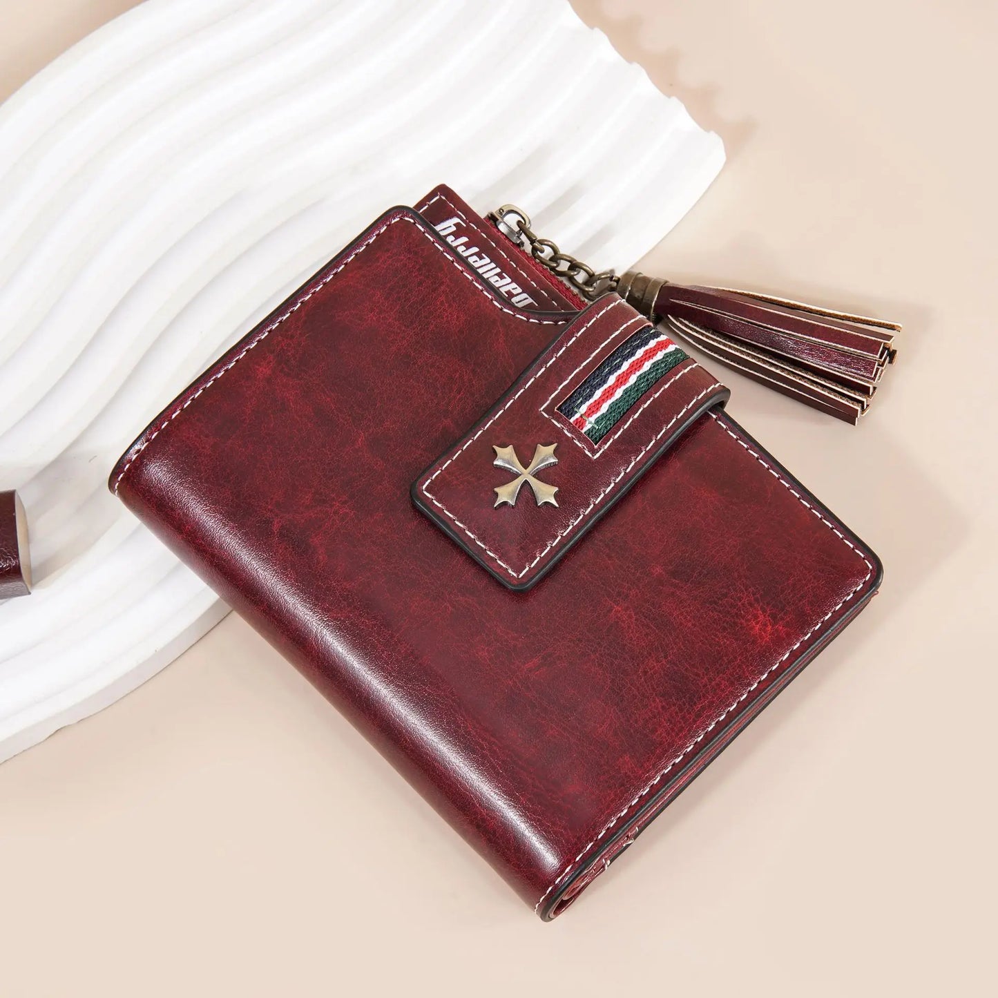 Portefeuille Femme Cuir Ciré Glands - Porte-Monnaie Tri-Fold Multi-Fentes Fermeture Éclair