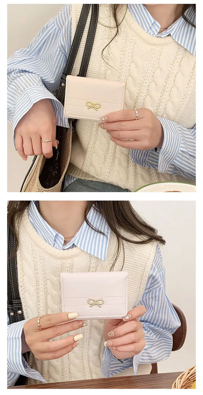 Portefeuille Femme Nœud Rose Compact - Porte-Cartes Tri-Fold Étudiant Mignon