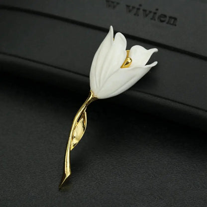 Broche Fleur Tulipe Émaillée Rose Blanc Luxueuse – Pin's Élégant Romantique Femme
