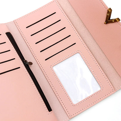 Portefeuille Femme Long Cuir PU Trifold Rose - Porte-Carte Multi-Emplacements Clutch Bag Fashion Simple