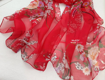 Foulard Écharpe Mousseline Georgette Femme Fleur Prune - Bandana Été Léger Respirant