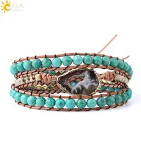 Bracelet Wrap Quartz Rose Cuir – Pierre Naturelle Bohème Multicouche