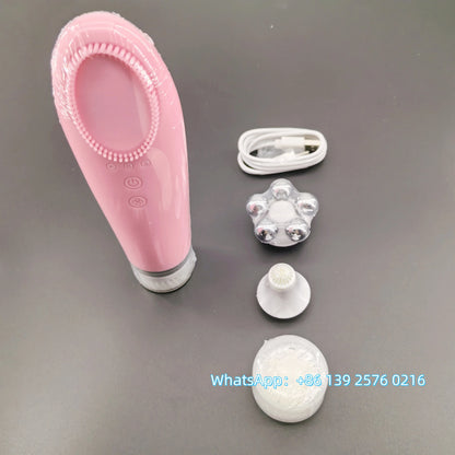 Appareil Nettoyage Facial 4-en-1 Silicone - Brosse Électrique Lifting Visage Anti-Âge Rose