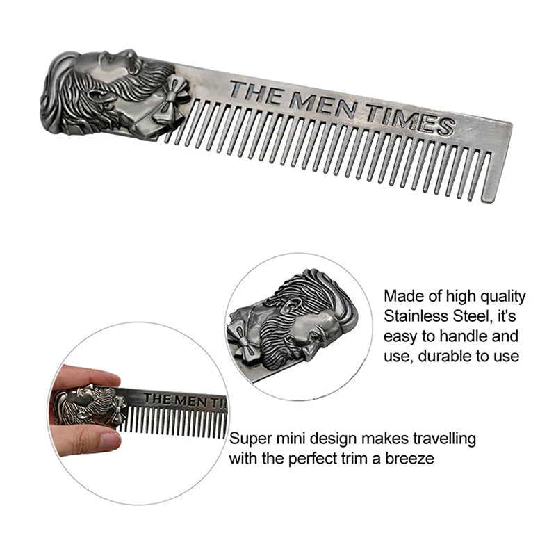 Peigne Barbe Métal Acier Inoxydable Professionnel - Outil Coiffure Moustache Barbier Gentleman Poche Argent