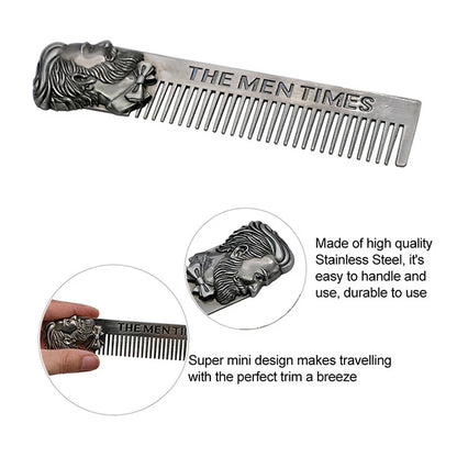 Peigne Barbe Métal Acier Inoxydable Professionnel - Outil Coiffure Moustache Barbier Gentleman Poche Argent