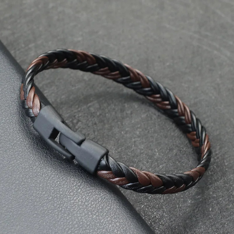 Bracelet Cuir Tressé Homme — Style Vintage, Fait Main, Fermoir Easy-Hook
