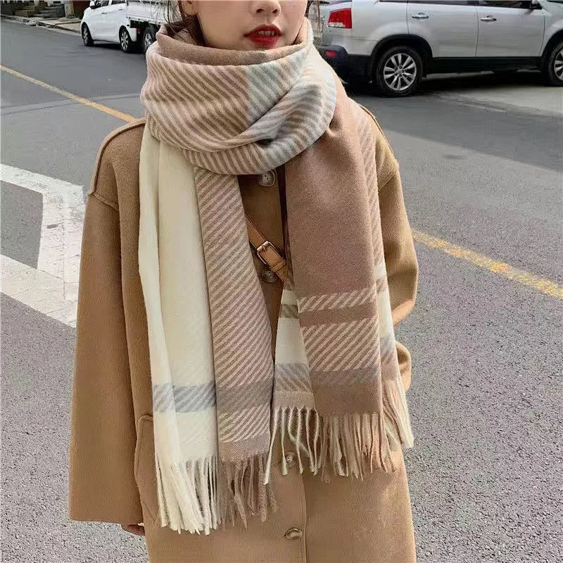 Foulard Écharpe Cachemire Carreaux Femme Hiver - Châle Chaud 175x60cm Gris