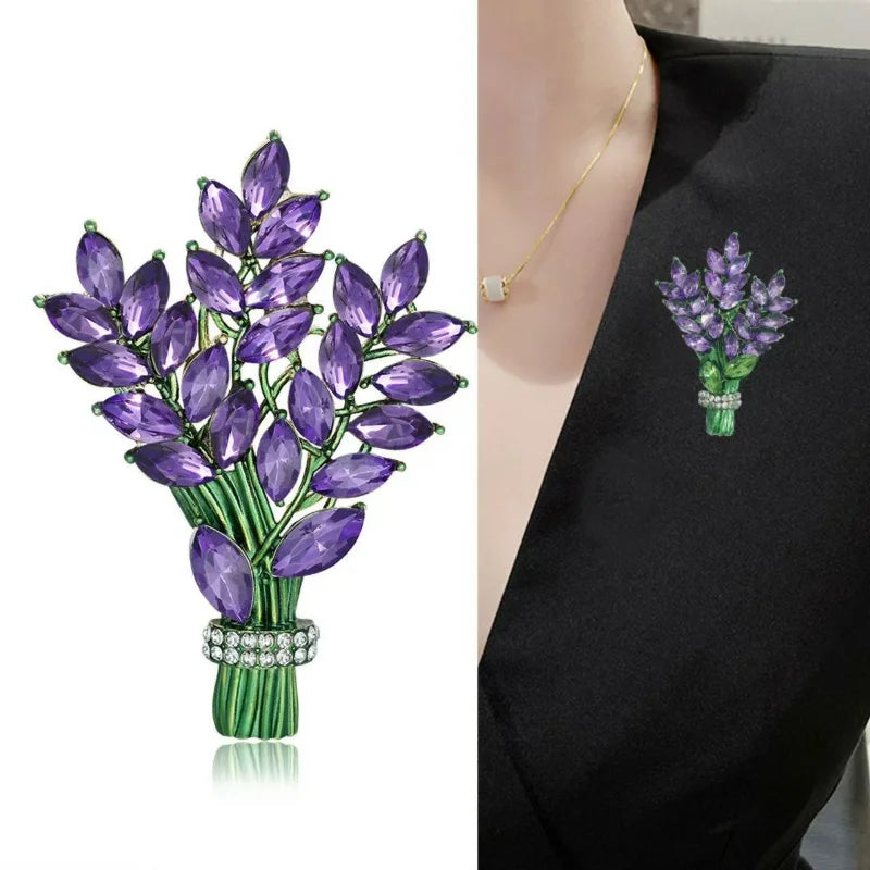 Broche Lavande Violette Exquise Cristaux Strass – Pin's Bouquet Fleurs Élégant Femme