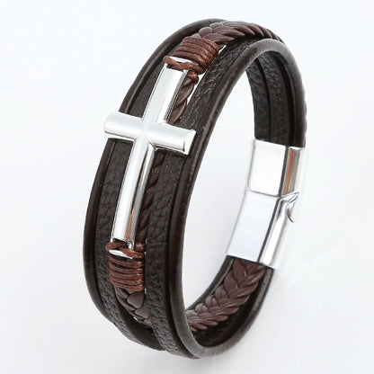 Bracelet Cuir Tressé Multicouche Punk – Boucle Magnétique Croix Homme