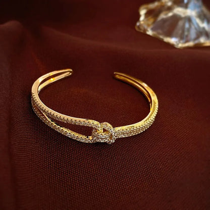 Bracelet Manchette Zircon Plein Cuivre Plaqué Or – Nœud Minimaliste Femme Mariage Soirée