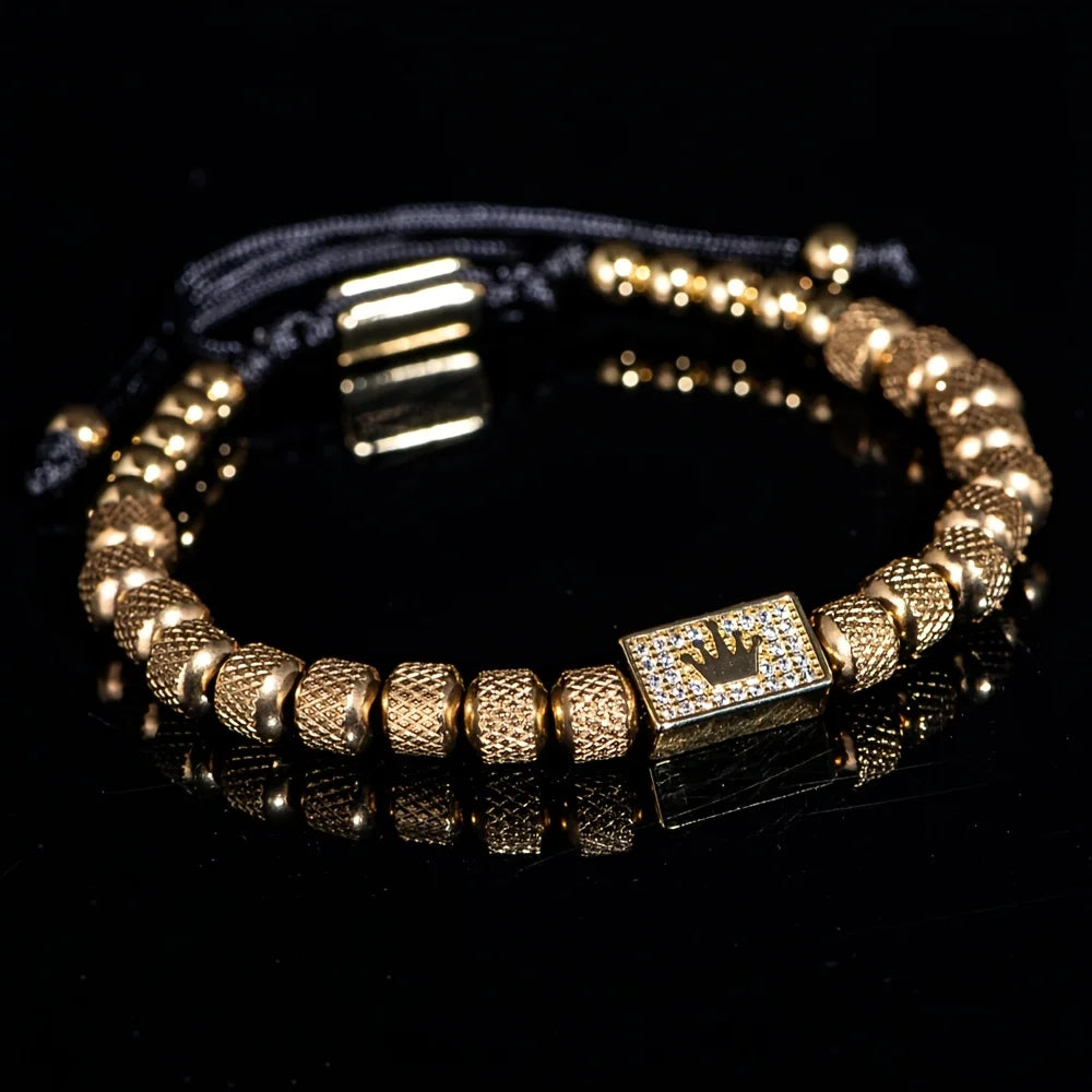 Bracelet Tressé Perle Couronne Micro-Serti – Acier Inoxydable Hommes Ajustable