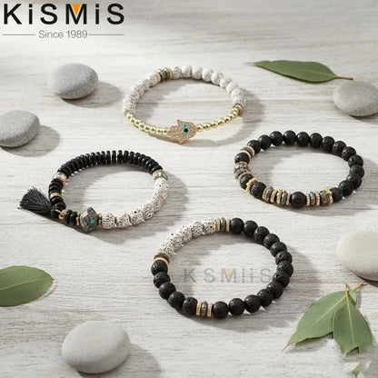 Set de 4 Bracelets Bohèmes Superposables - Œil Protecteur et Pompon