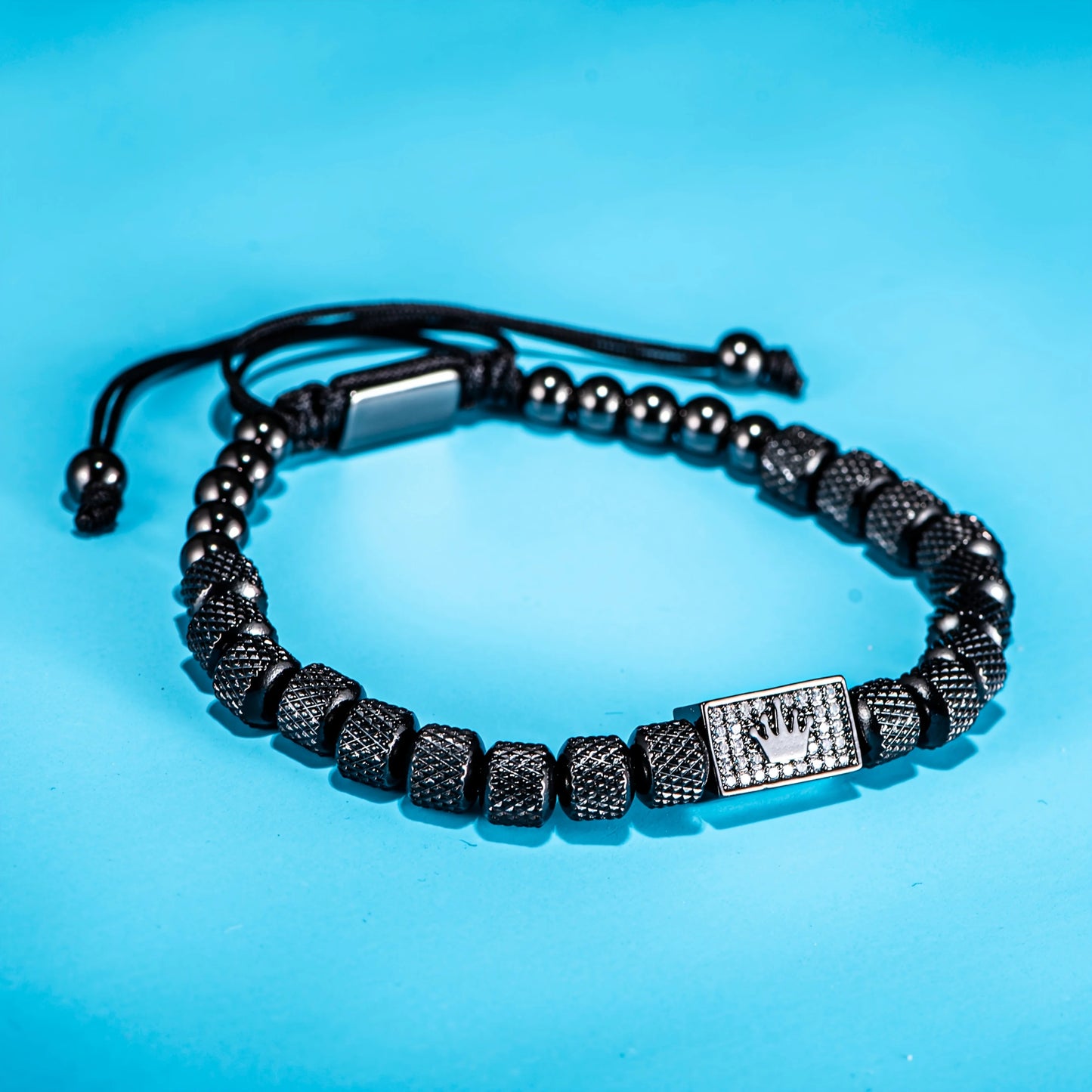 Bracelet Tressé Perle Couronne Micro-Serti – Acier Inoxydable Hommes Ajustable