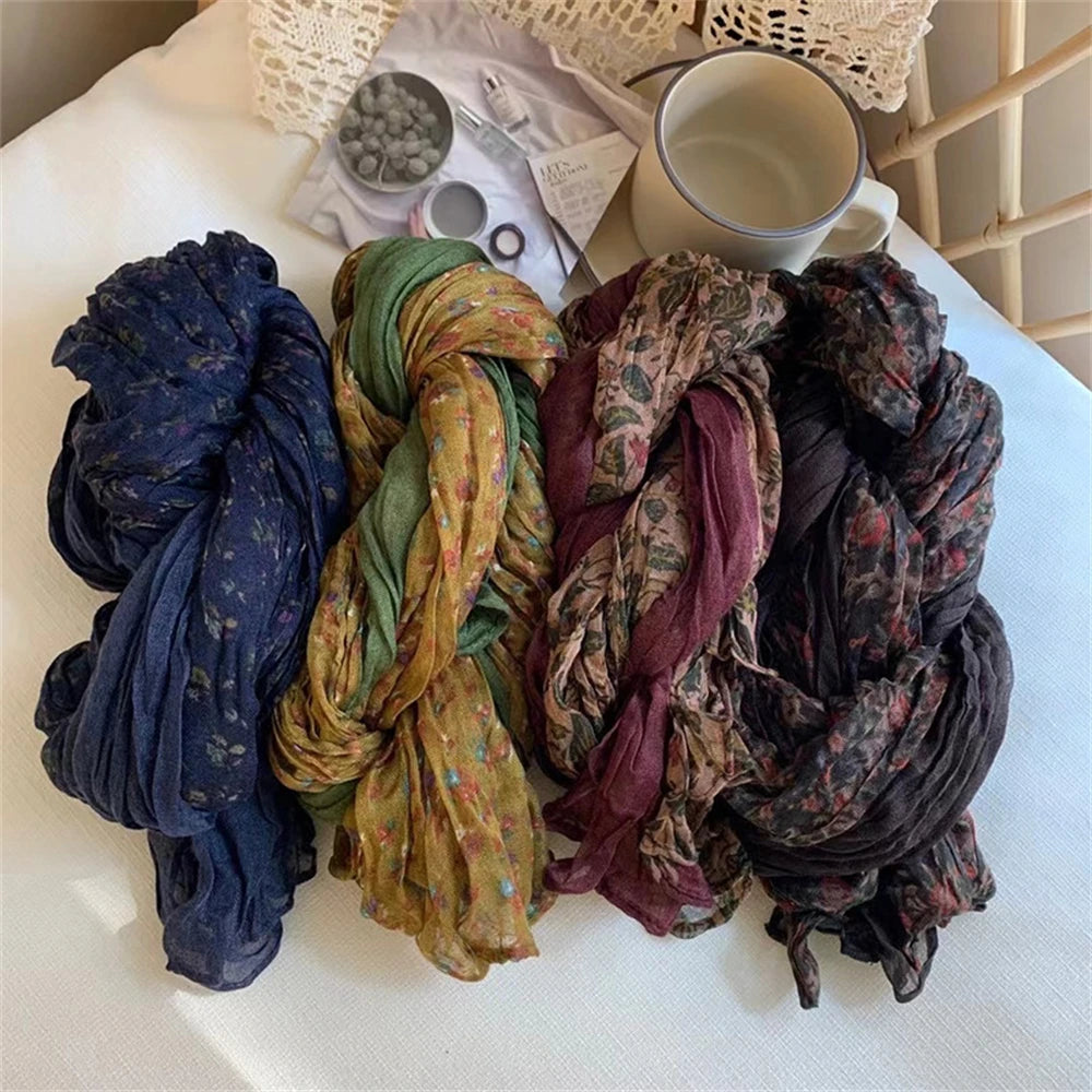 Foulard Écharpe Patchwork Coton Lin Vintage Femme - Châle Carré Floral Plissé Hiver