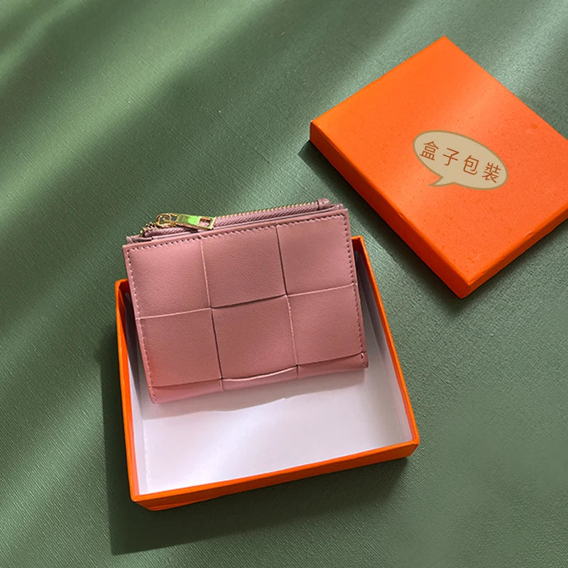 Portefeuille Femme Cuir Tressé - Porte-Monnaie Bifold Multi-Cartes Compact