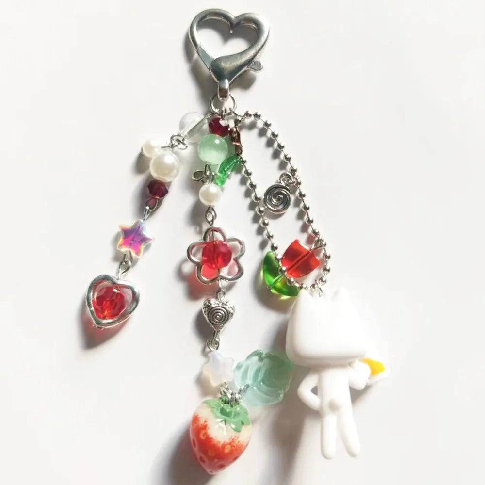 Porte-Clés Kawaii Perles Fraise Animé – Charm Sac Y2K Mignon