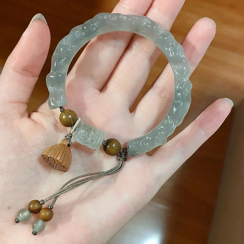 Bracelet Jonc Jade Lotus Bambou Chinois – Antique Pompons Tempérament Unisexe