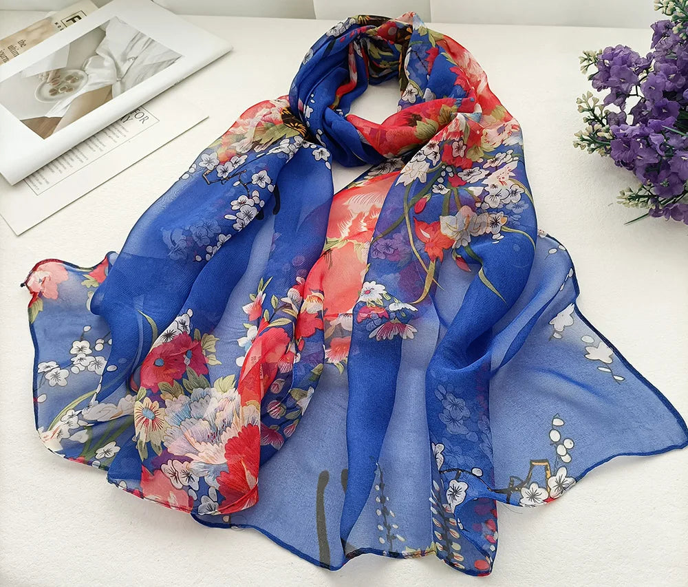 Foulard Écharpe Mousseline Georgette Femme Fleur Prune - Bandana Été Léger Respirant