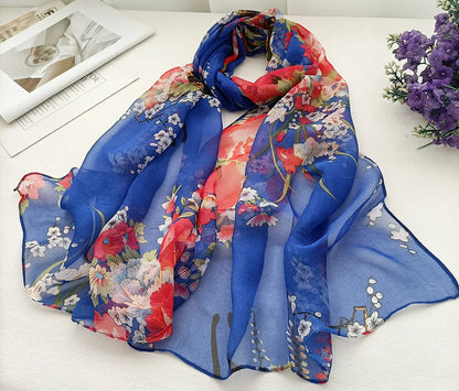 Foulard Écharpe Mousseline Georgette Femme Fleur Prune - Bandana Été Léger Respirant