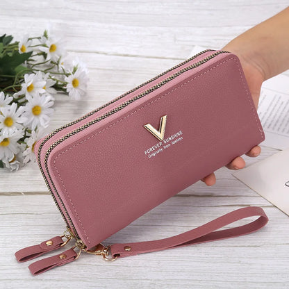 Portefeuille Femme Long Cuir PU Double Fermeture Éclair - Porte-Monnaie Téléphone Rouge