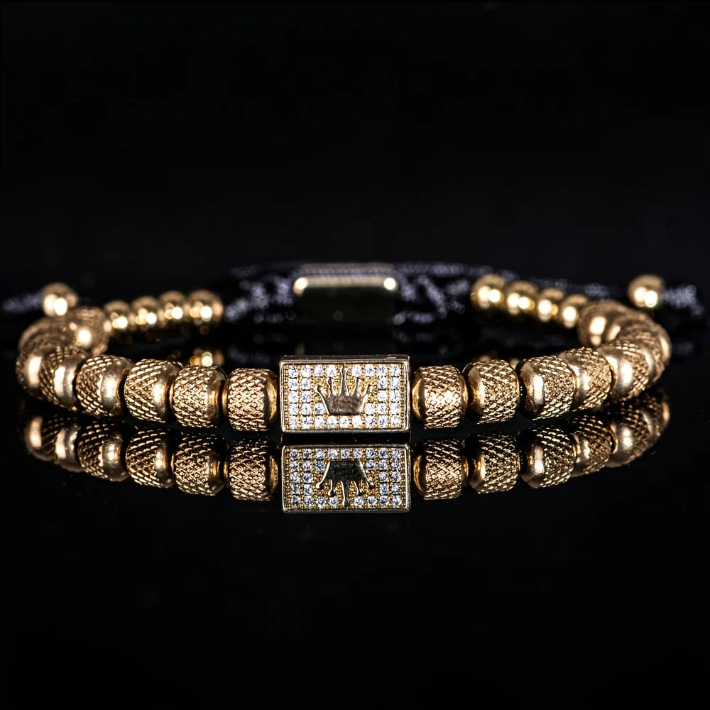 Bracelet Tressé Perle Couronne Micro-Serti – Acier Inoxydable Hommes Ajustable