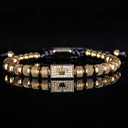 Bracelet Tressé Perle Couronne Micro-Serti – Acier Inoxydable Hommes Ajustable
