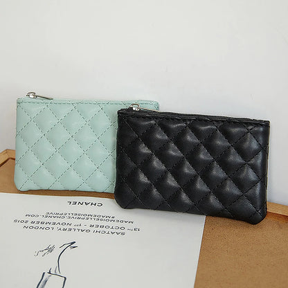 Porte-Monnaie Femme Mini Cuir PU Fermeture Éclair - Pochette Cartes Motif Carreaux Blanc